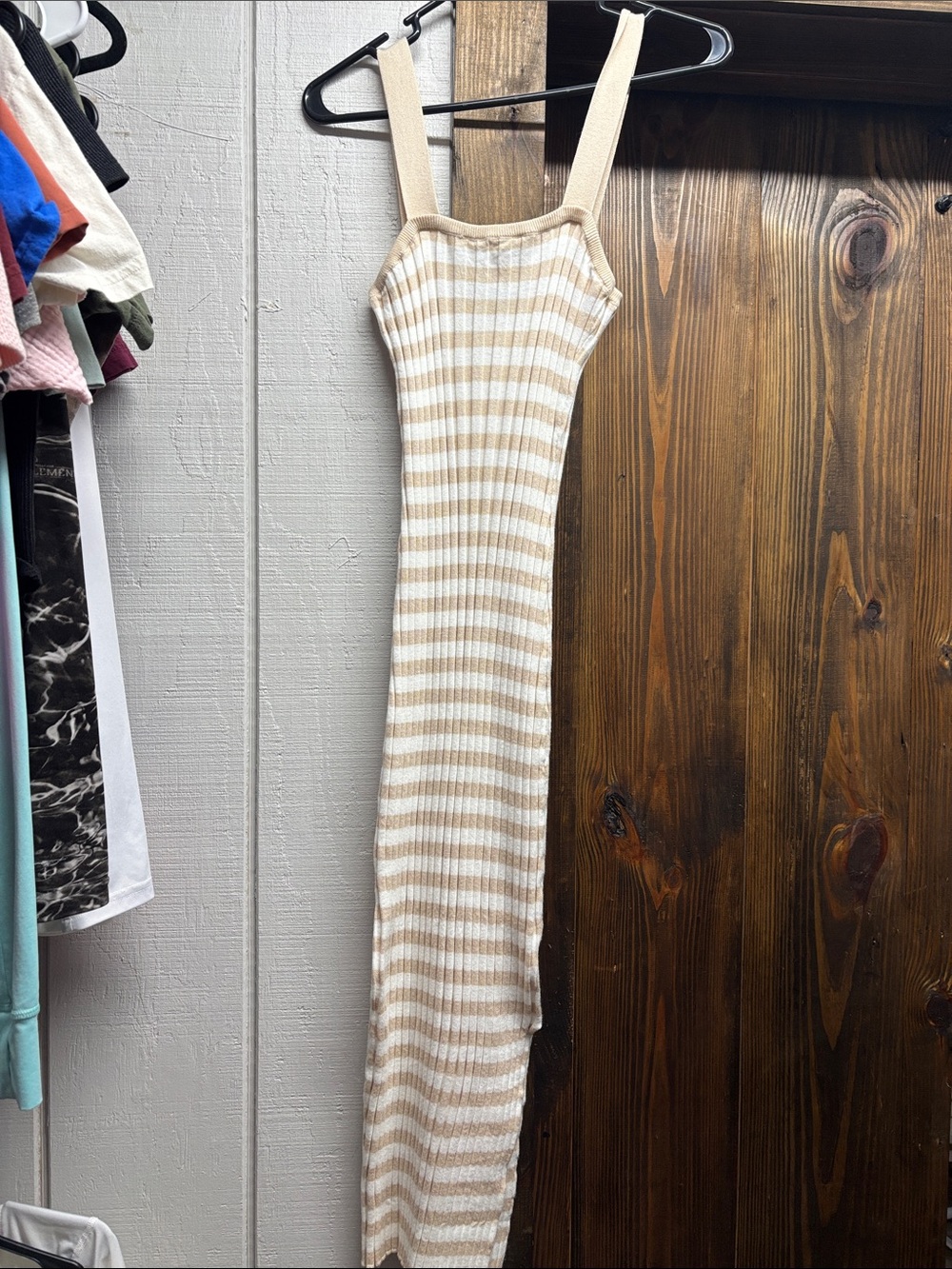 Striped Ribbed Maxi Bodycon Dress in Beige and White